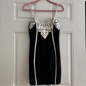 Foreign Exchange Black Bodycon Mini Dress Cream Faux Leather Applique Small